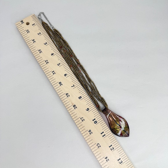 Dichroic Glass Teardrop Pendant Necklace Multi Strand Bronze Seed Beads - Picture 8 of 10